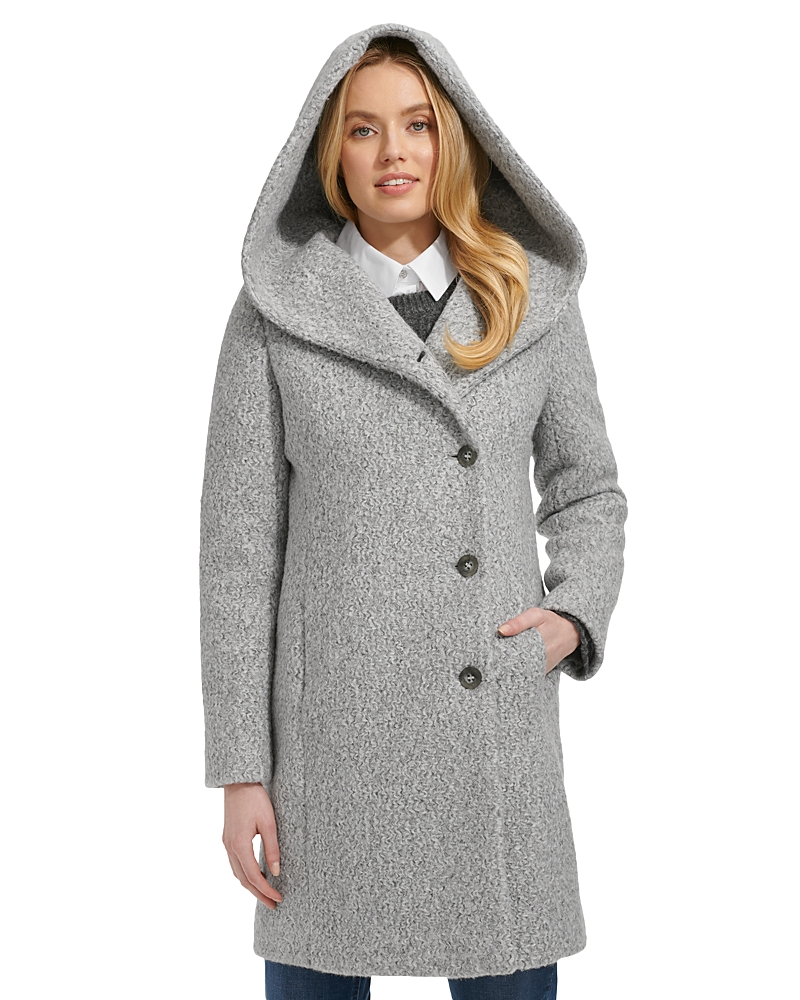 Cole Haan Hooded Boucle Coat In Light Grey