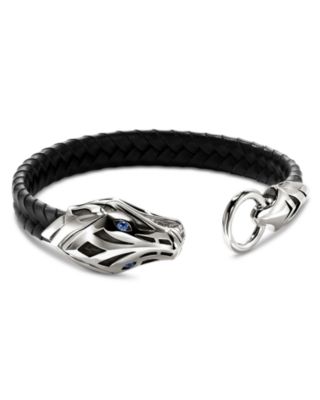 Sterling Silver Naga Blue Sapphire Snake Braided Black Leather Bracelet