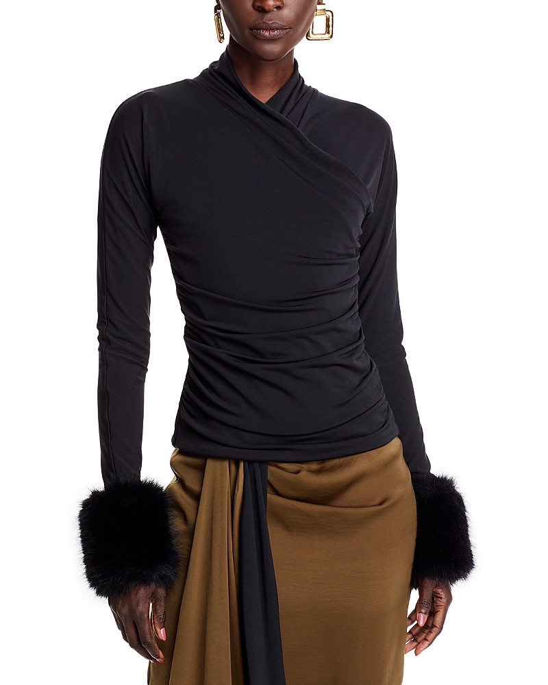 Shop Adrienne Landau Faux Fur Cuff Top In Jet Black