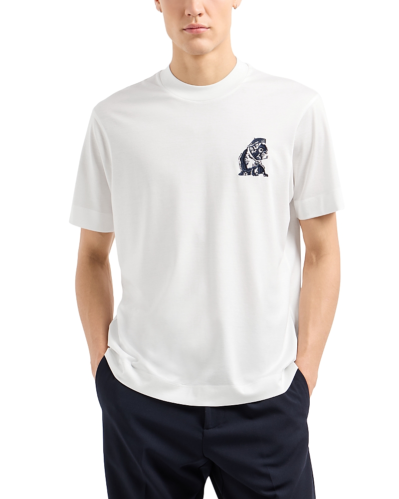 Emporio Armani French Bulldog-embroidered Crew Neck T-shirt In Calm White
