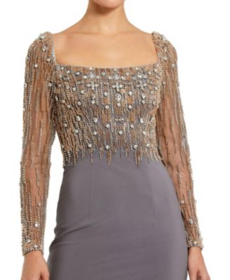 Beaded Embellished Square Neck Long Sleeve Jersey Gown