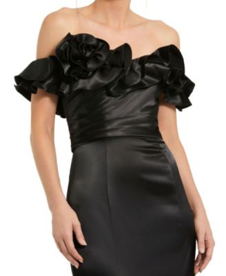 Satin Ruffle Detail Off The Shoulder Mermaid Gown