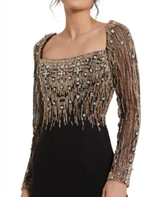 Beaded Embellished Square Neck Long Sleeve Jersey Gown