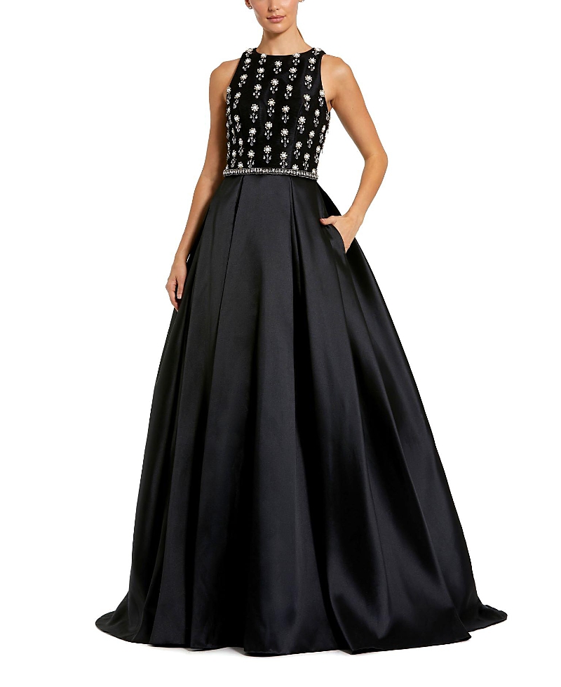 Mac Duggal High Neck Sleeveless Beaded Rhinestone Trimmed Waist Ball Gown In Black