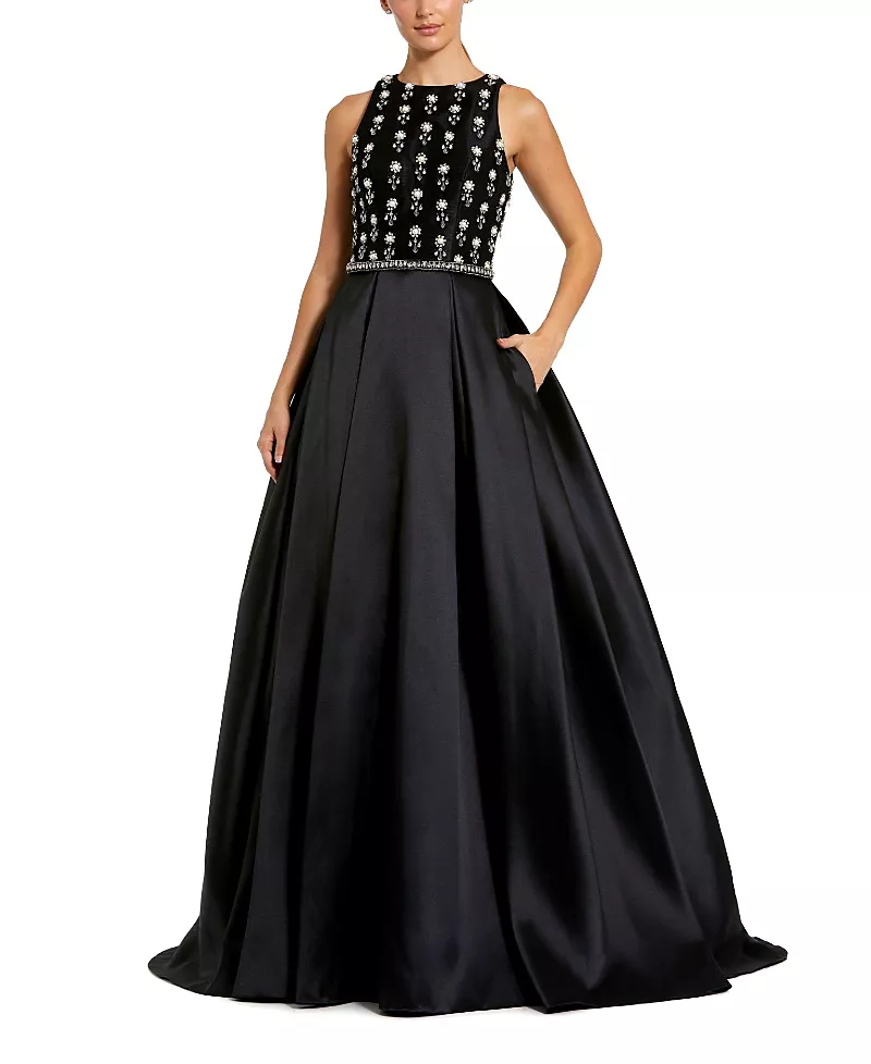 Mac Duggal High Neck Sleeveless Beaded Rhinestone Trimmed Waist Ball Gown