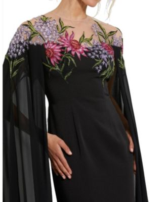 Sheer Cape Beaded Floral Embroidery Detail Gown