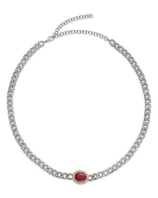 Bloomingdale's Fine Collection - Ruby & Diamond Oval Halo Chain link Collar Necklace in 14K Yellow & White Gold, 14-18"