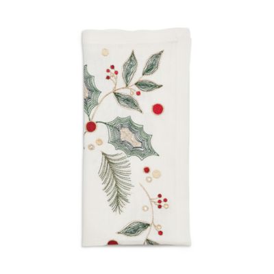 Kim Seybert - Holly and Sprig Napkin in White, Red & Green Tones
