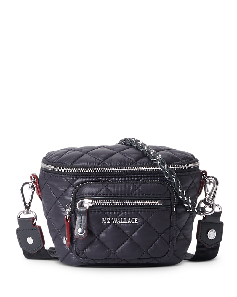 Mz Wallace Micro Crosby Diamond Quilted Nylon Sling Bag In Black/silver