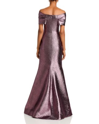 Metallic Jacquard Twist Bodice Off-the-Shoulder Gown
