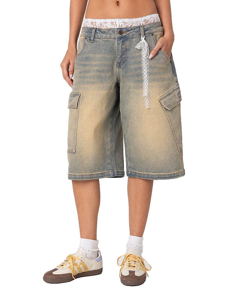 Edikted Lace Boxer Denim Bermuda Shorts In Blue Vintage Washed