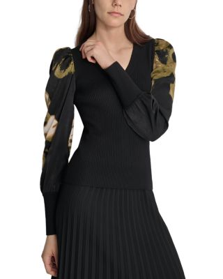 DKNY - Mixed Media Printed Sleeve Sweater