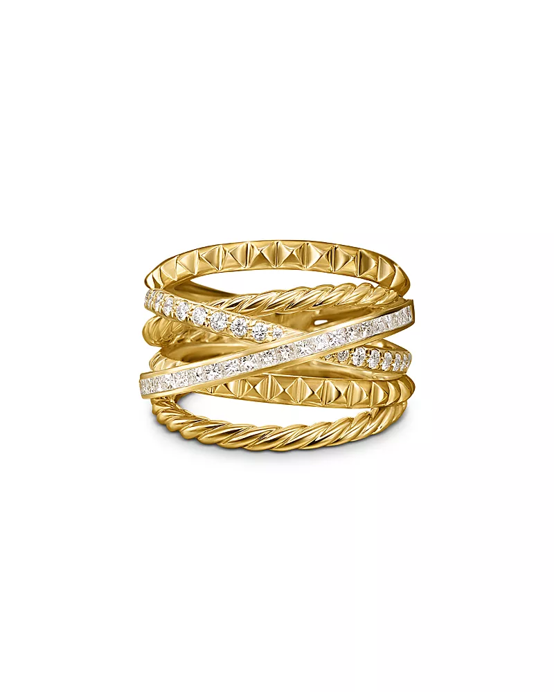 David Yurman Crossover Trio Six Row Ring in 18K Yellow Gold with Diamonds, 17.5mm