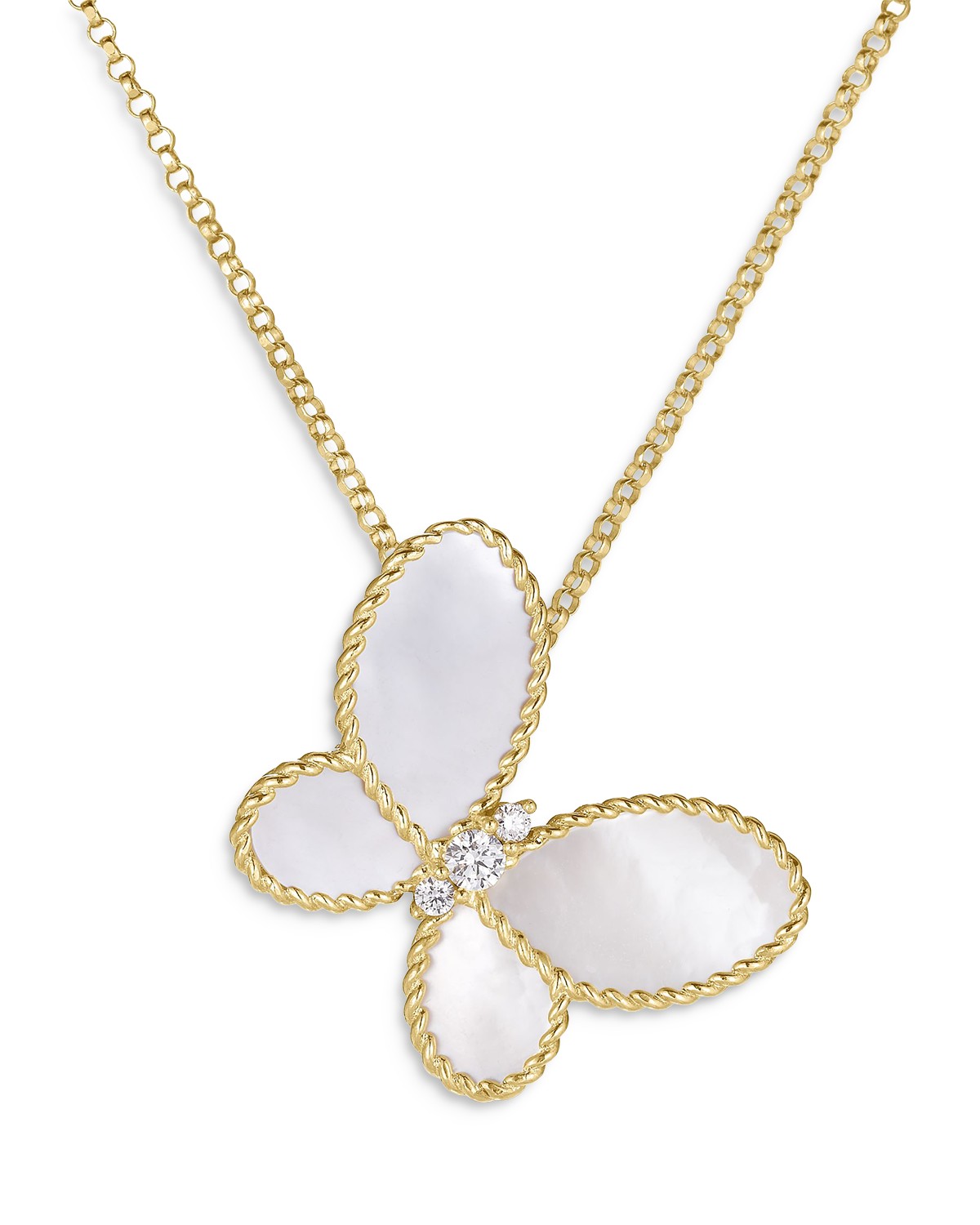 18K Yellow Gold Jasmine Mother of Pearl & Diamond Butterfly Pendant Necklace, 16-18"
