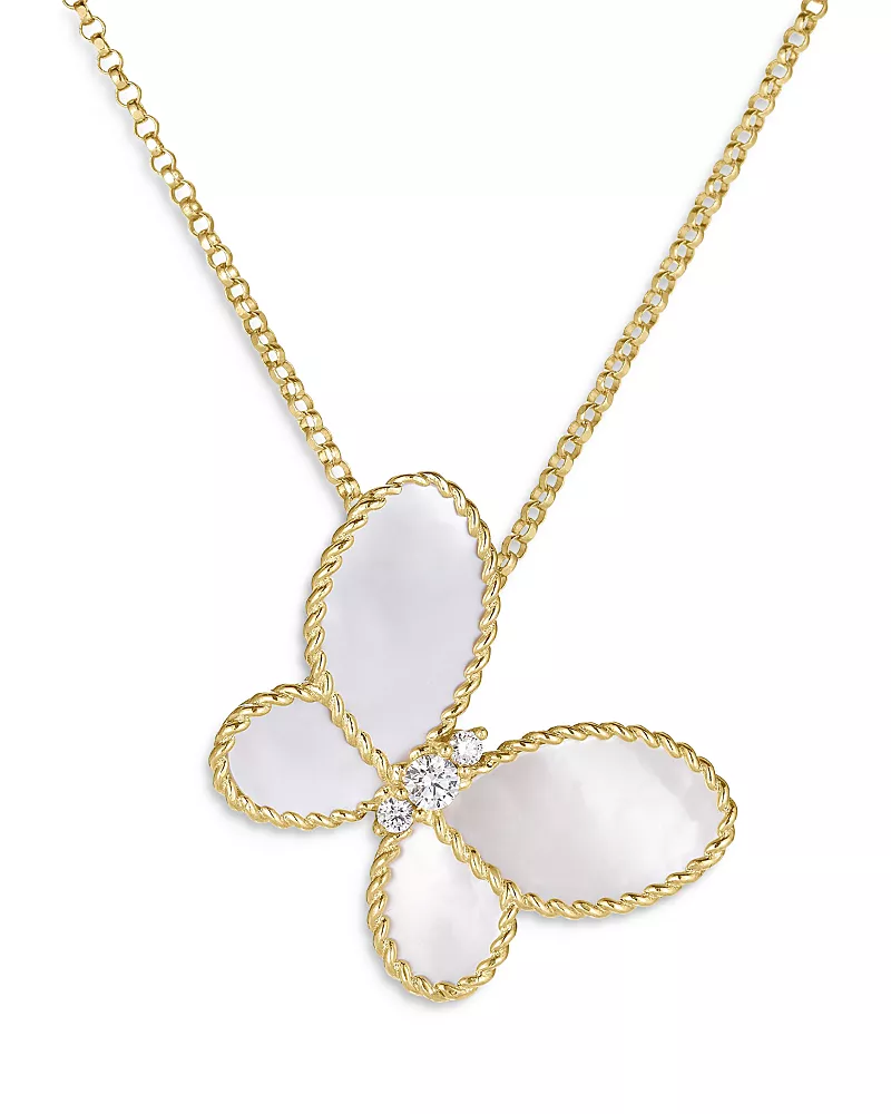 Roberto Coin 18K Yellow Gold Jasmine Mother of Pearl & Diamond Butterfly Pendant Necklace, 16