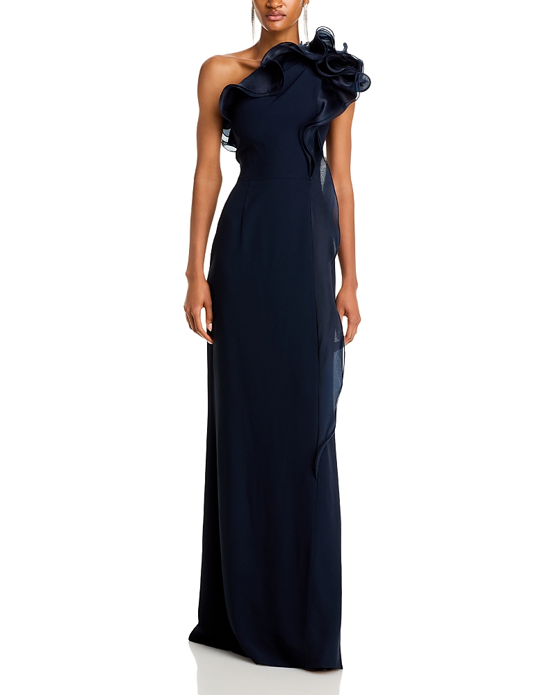 Teri Jon By Rickie Freeman Ruffled One Shoulder Gown In Navy