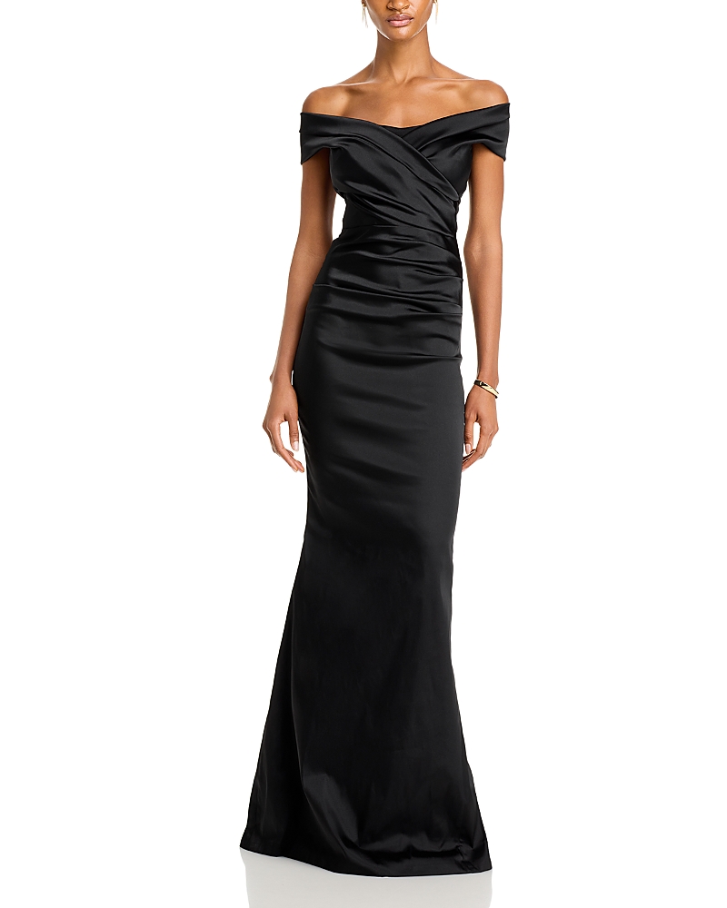 Teri Jon By Rickie Freeman Satin Stretch Off The Shoulder Gown