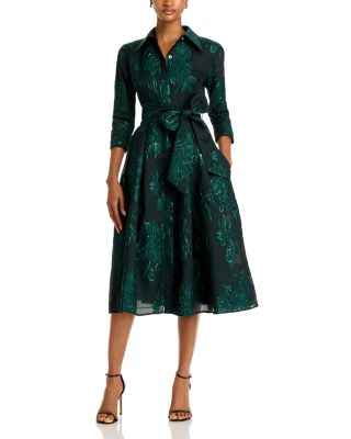 Teri Jon by Rickie Freeman - Metallic Jacquard Midi Shirt Dress