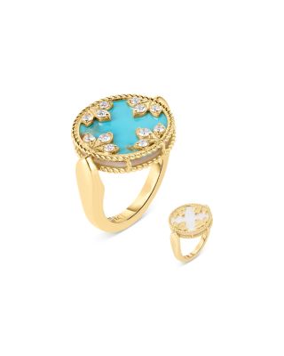 18K Yellow Gold Venetian Princess Medallion Turquoise, Mother of Pearl & Diamond Reversible Ring