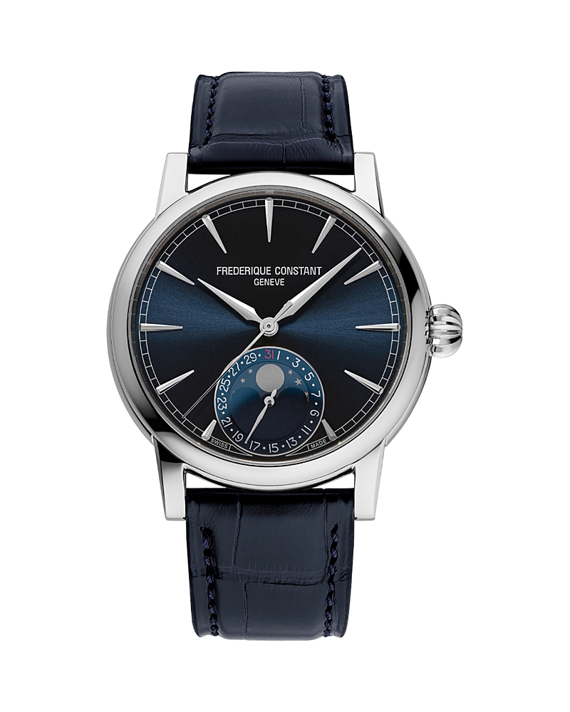 Frederique Constant Men's Swiss Automatic Classic Moonphase Date Manufacture Blue Leather Strap Watch 40mm In Blue