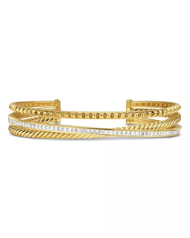 David Yurman Crossover Trio Three Row Cuff Bracelet in 18K Yellow Gold with Diamonds, 11mm
