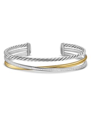 Crossover Three Row Bracelet in Sterling Silver with 18K Yellow Gold and Diamonds, 11mm
