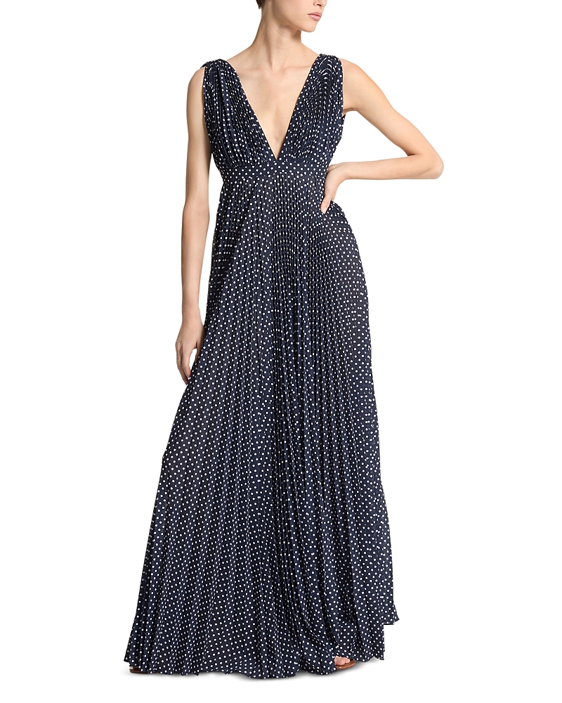 Shop Michael Kors Polka Dot Georgette Pleated Gown In Midnight/optic White