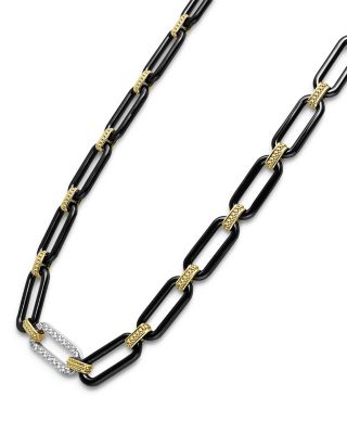18K Yellow & White Gold Signature Caviar Diamond & Black Ceramic Station Link Necklace, 18"