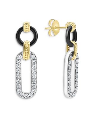 18K Gold Signature Caviar Diamond & Black Ceramic Link Drop Earrings