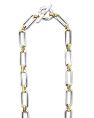 18K Yellow Gold & Sterling Silver Signature Caviar Diamond Trio Station Link Collar Necklace, 18"