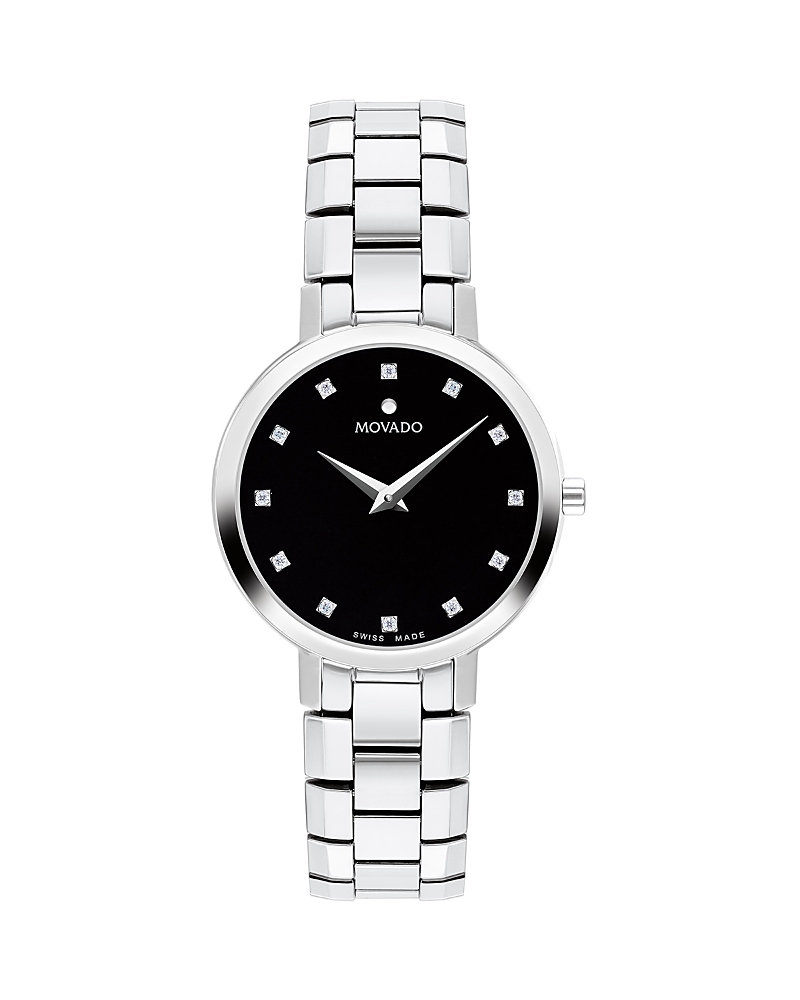 Movado Women's Faceto Swiss Quartz Stainless Steel Diamond Accent Watch 28mm In Black/silver