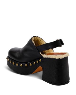Women's Autumn Square Toe Studded & Faux Fur Trim High Heel Platform Clogs