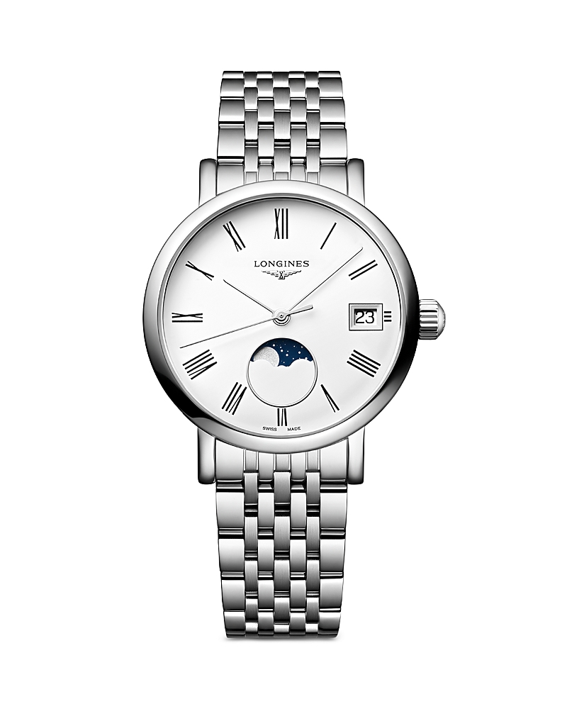 Longines Women's Swiss Elegant Moonphase Stainless Steel Bracelet Watch 30mm In White/silver