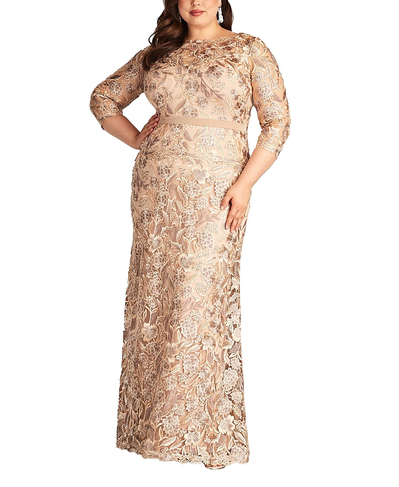 Tadashi Shoji Plus Size Floral-embroidered Column Gown In Taupe