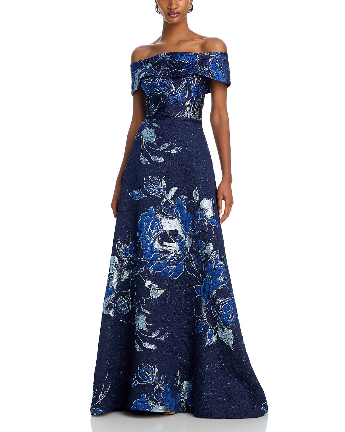 Teri Jon by Rickie Freeman Off-the-Shoulder Metallic Floral Jacquard Gown
