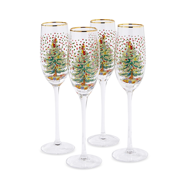 Spode Christmas Tree Polka Dot Champagne Flute, Set Of 4 In Green