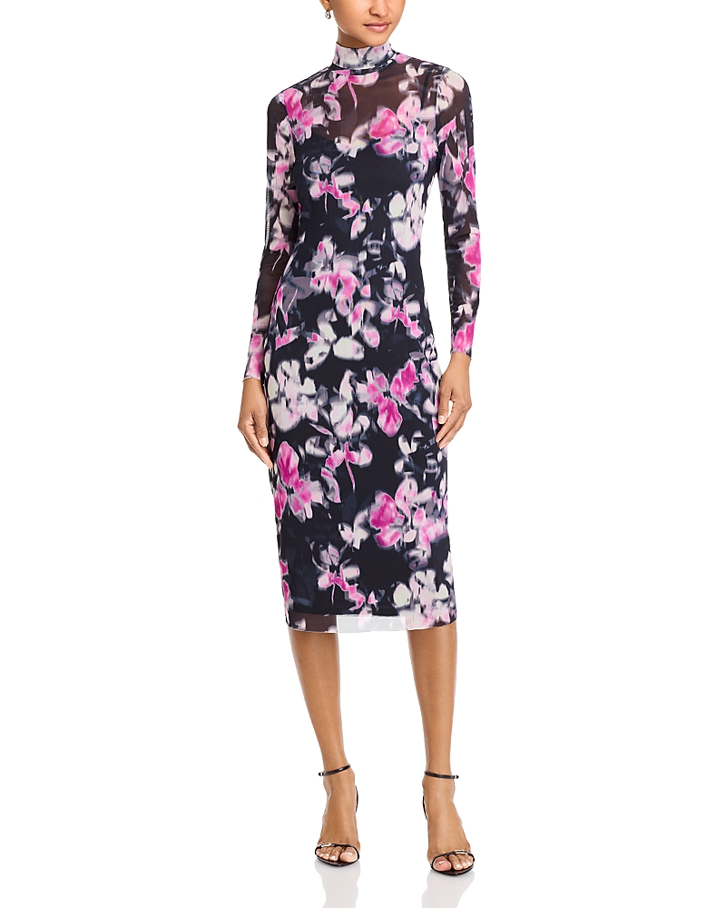 Steve Madden Vivienne Floral Long Sleeve Turtleneck Mesh Midi Dress In Black Multi