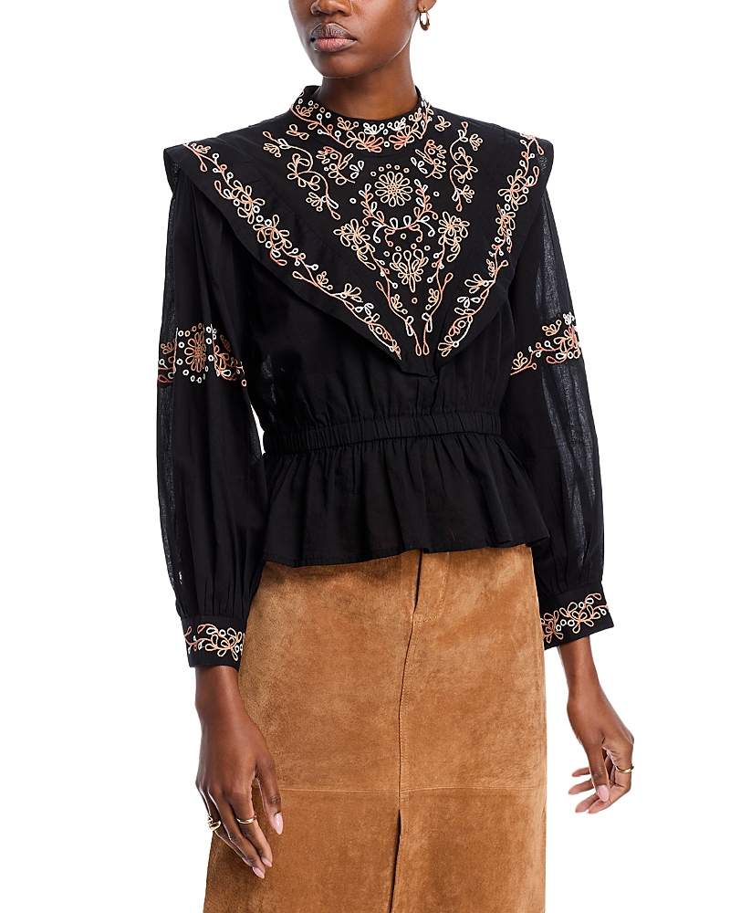 Lucky & Coco Multi Embroidered Ruffled Peplum Top In Black Embroidered