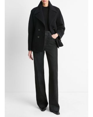 Wool Blend Leather Trim Double Breasted Jacket