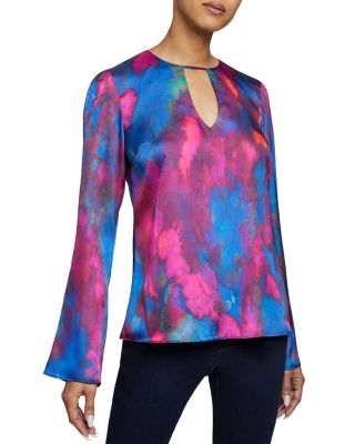 Santorelli Printed Keyhole Long Sleeve Blouse