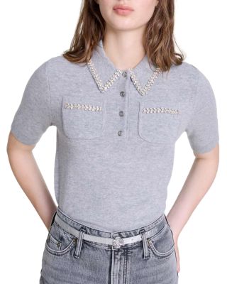 Maje Mylenva Rhinestone Trim Polo Sweater