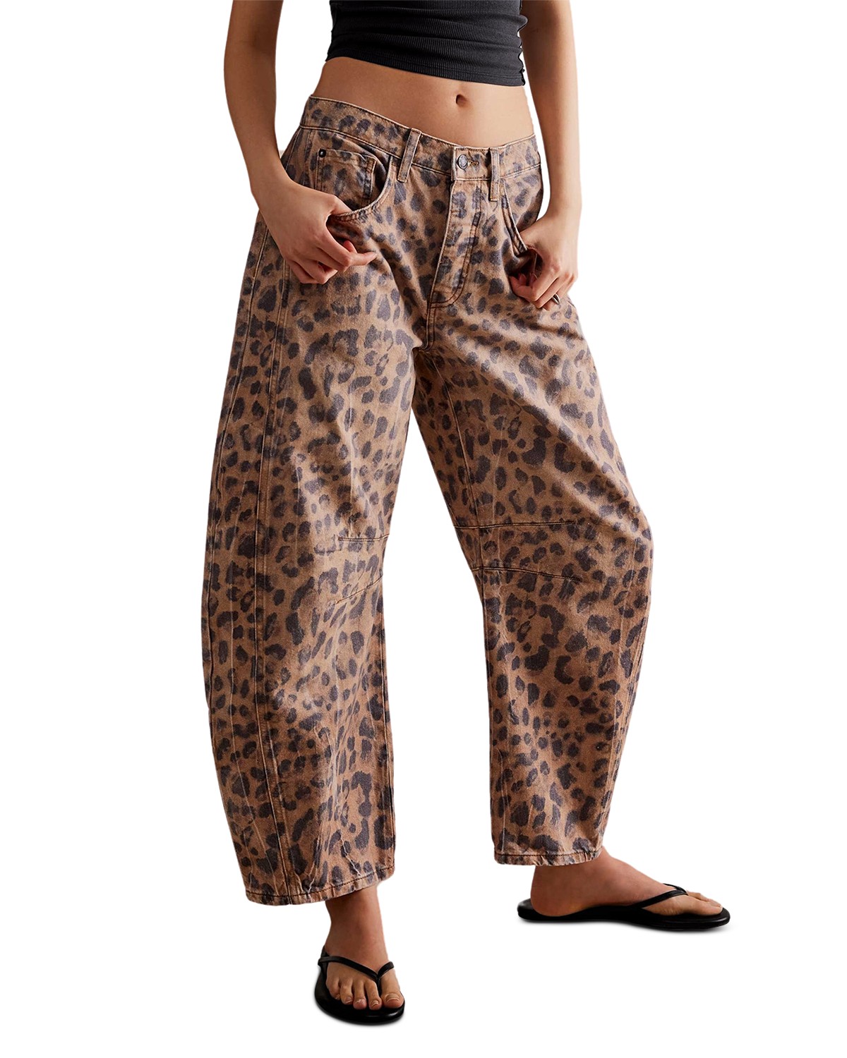 We The Free Good Luck Leopard Barrel Leg Jeans in Brown Sugar