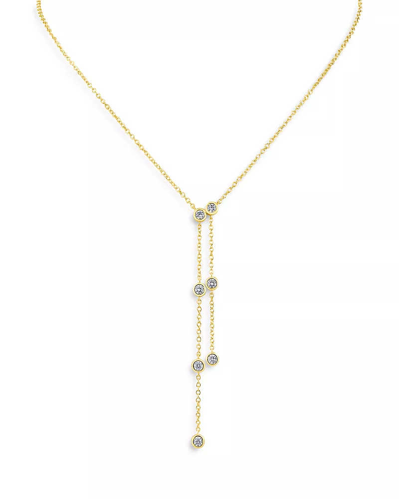 Kenneth Jay Lane Cubic Zirconia Double Drop Lariat Necklace in 14K Gold Plated, 16