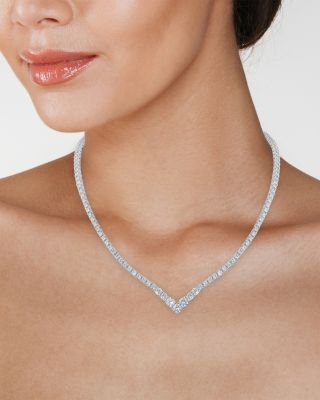 Cubic Zirconia V Tennis Statement Necklace in Rhodium Plated, 17"