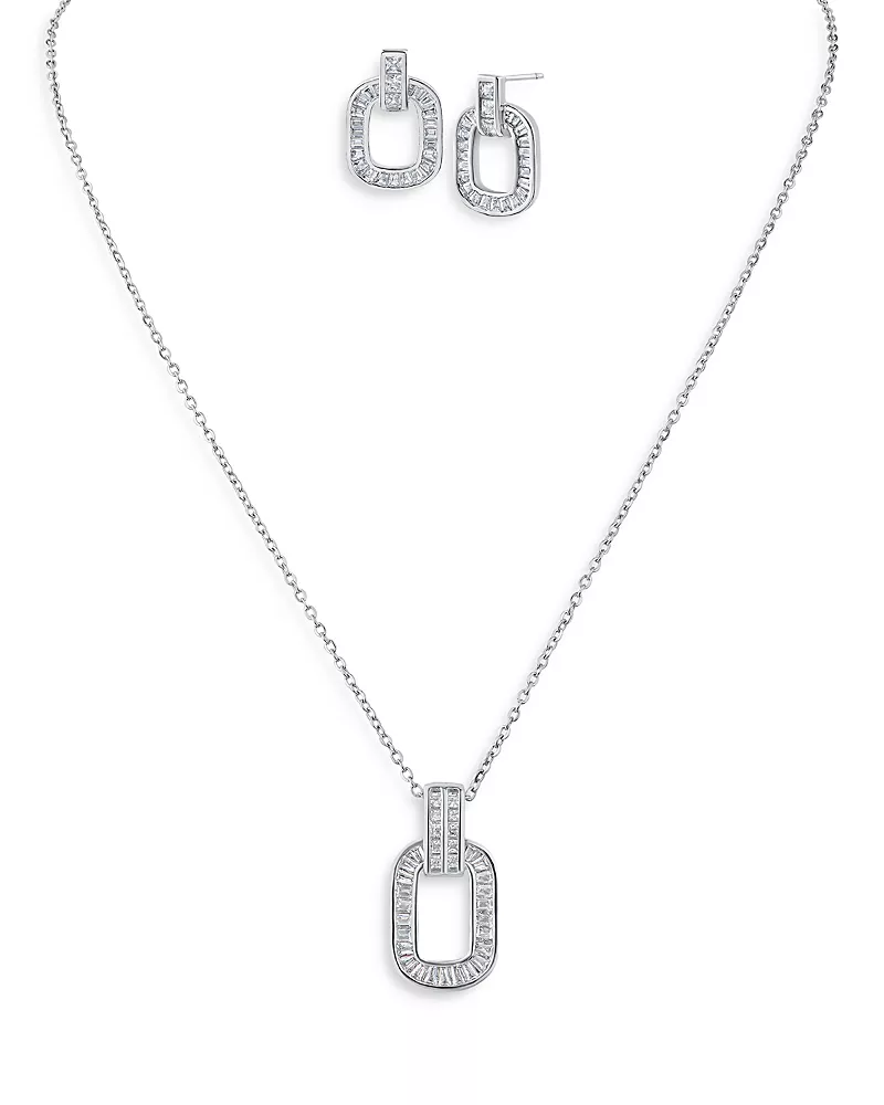 Kenneth Jay Lane Baguette Cubic Zirconia Link Pendant Necklace & Stud Earrings Set in Rhodium Plated