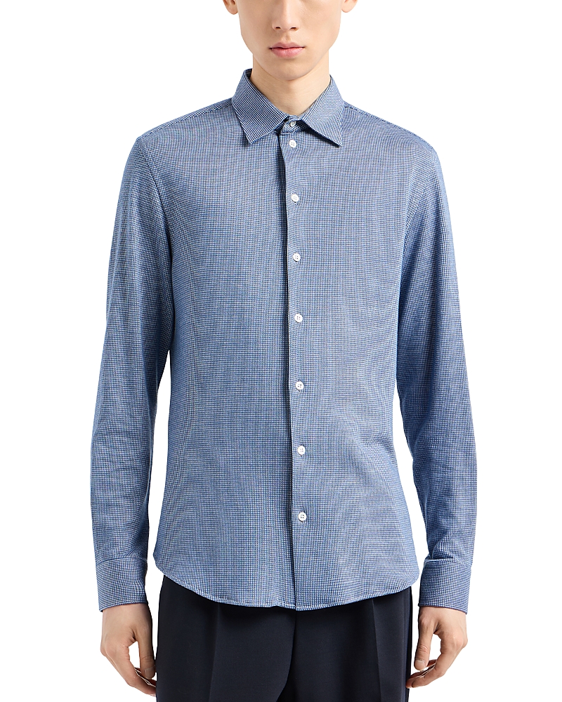 Emporio Armani Houndstooth Jersey Button Down Shirt In Blue