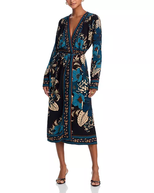 blossom tapestry black midi dress