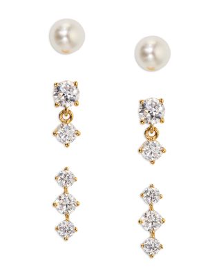 Nadri Cubic Zirconia & Imitation Pearl Earrings in 18K Gold Plated, Set of 3