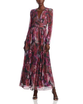 AQUA - Floral Crinkle Metallic Long Sleeved Maxi Dress - Exclusive