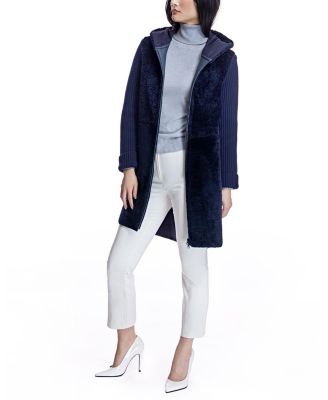 Hooded Shearling Coat with Knit Trim